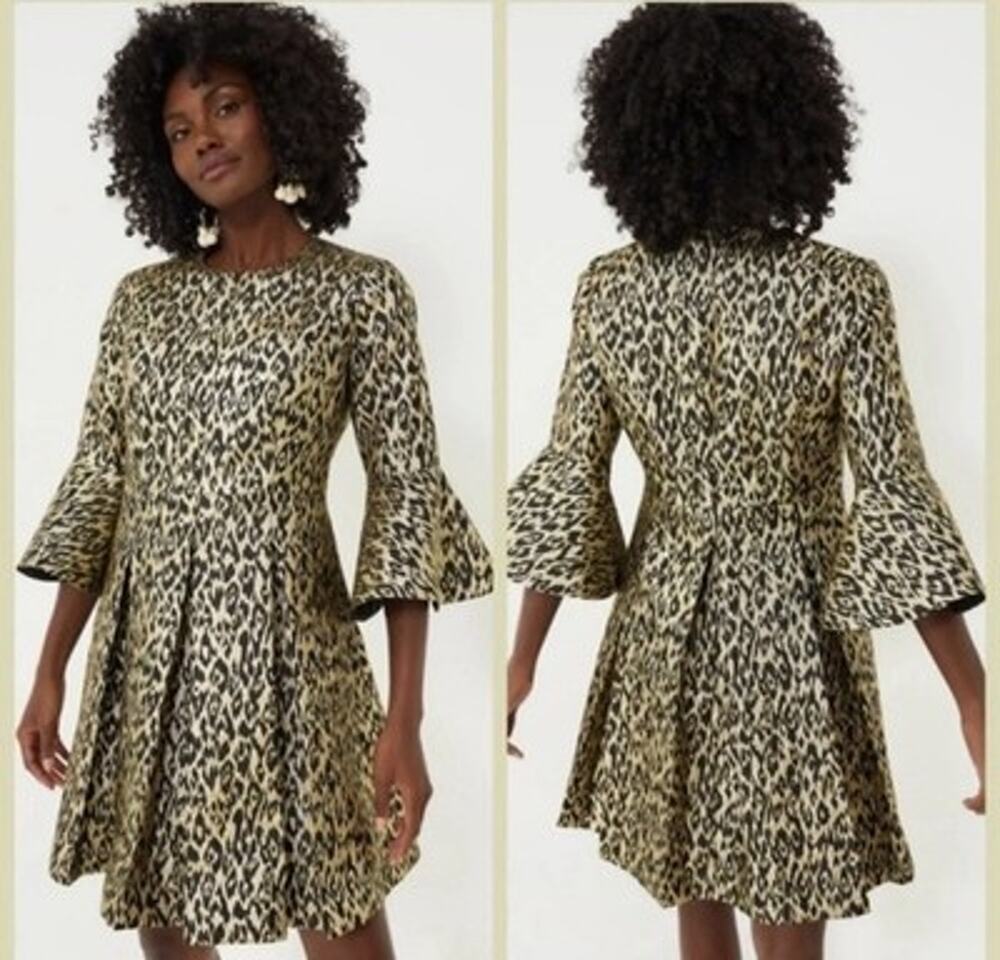 Tuckernuck Mel Dress Women's L Gold Black Leopard Jacquard A Line Bell Sleeve